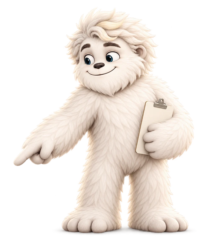 Mitey the yeti pointing ahead while holding a clipboard, with a private key