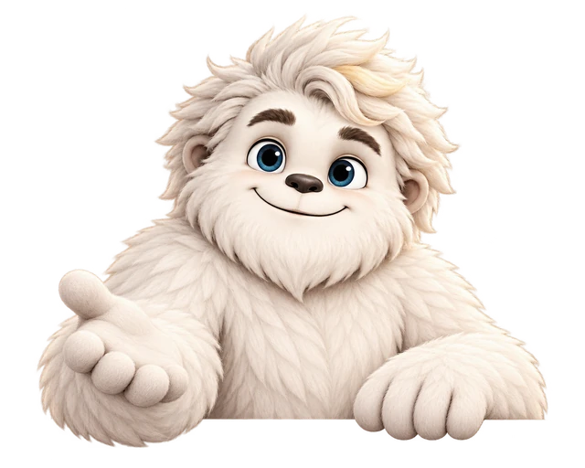 Mitey the yeti, blue-eyed with a blond tuft, holding out an open paw, with a compass