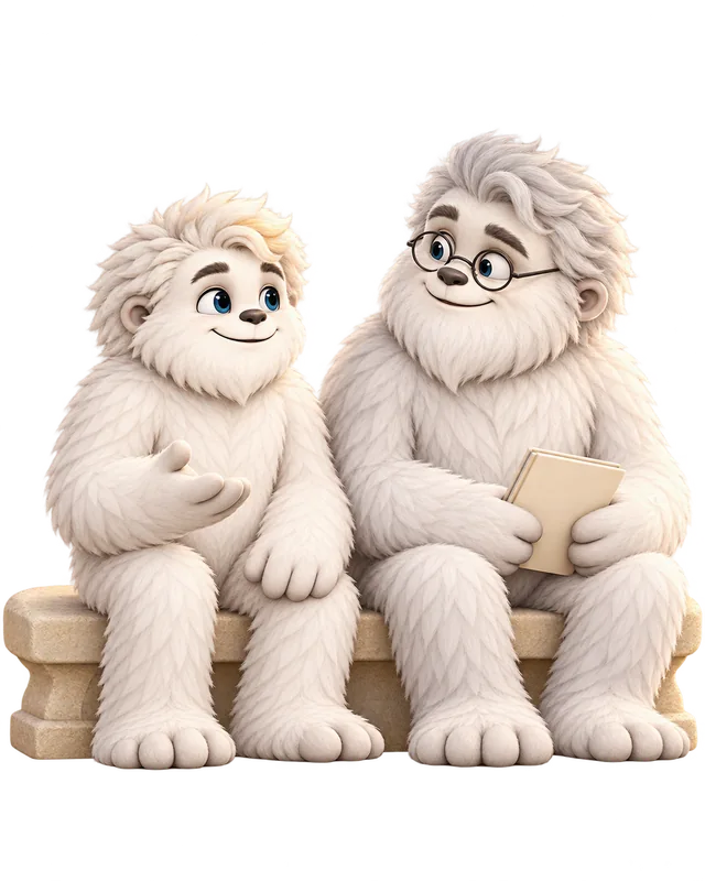 Mitey the yeti talking a plan through with an older yeti, with a compass