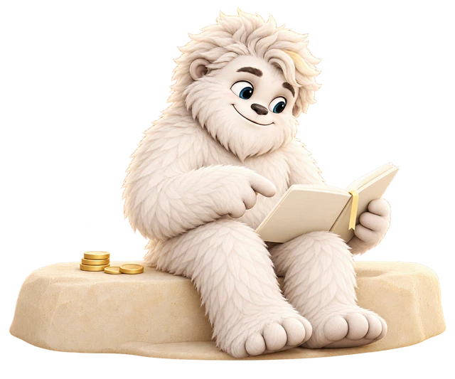 Mitey the yeti seated on a rock, reading a ledger, with a magnifying glass over code