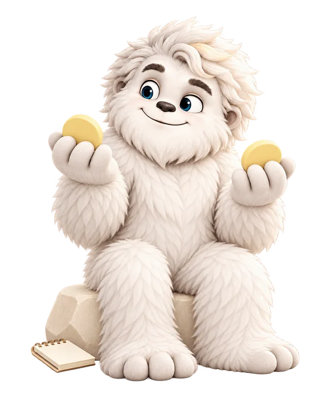 Mitey the yeti weighing a coin in each paw, with a token coin