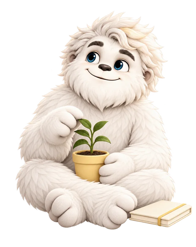 Mitey the yeti sitting with a small potted plant, with a chart